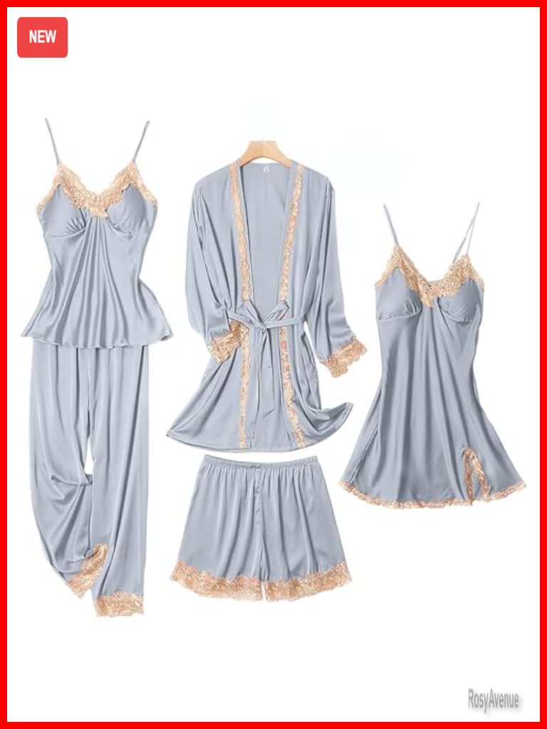 5 Pc Silk Pajama Set Satin Sleepwear Loungewear Robe Camisole Shorts Pants